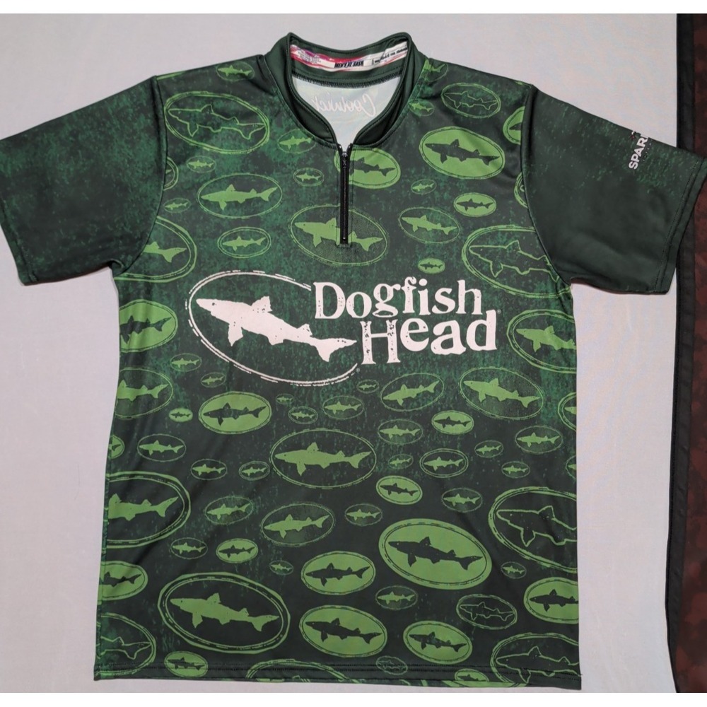 Coolwick Mens XL Dogfish Head Sash Bowling Jersey Green Shark Print Shirt‎